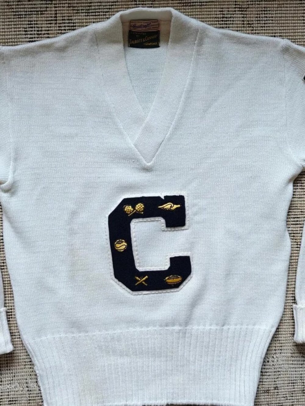 1955 Vintage Men's Sportcraft Wool Letterman White V-Neck Sweater